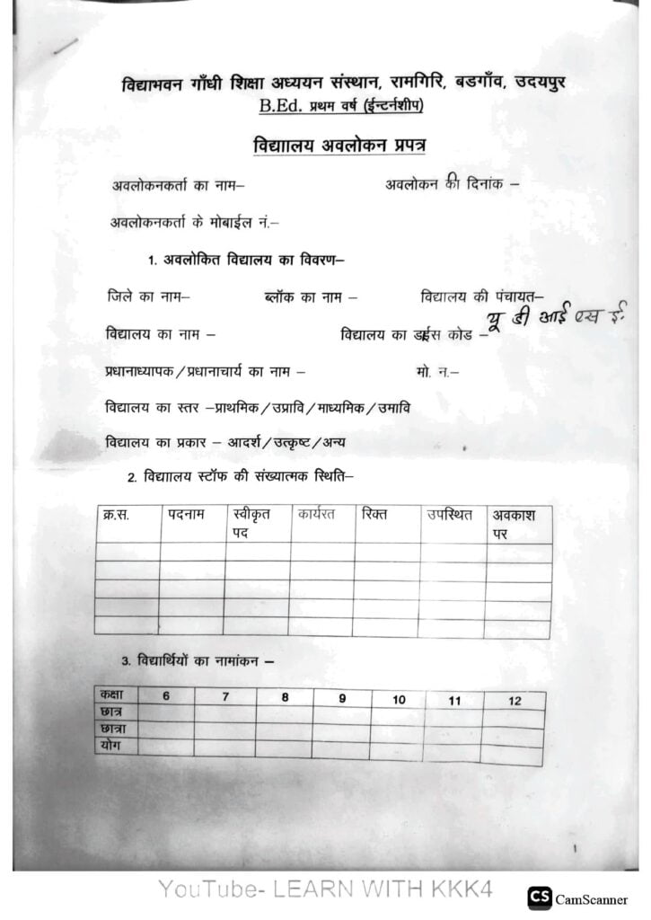 विद्यालय अवलोकन रिपोर्ट school observation report for b.ed in hindi pdf school observation file pdf